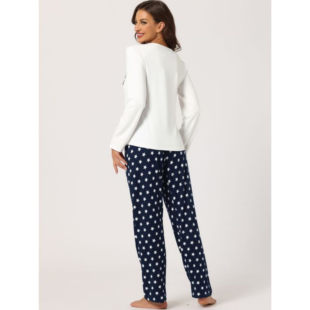 Long Sleeve Sleepwear Lounge Pants with Pockets Pajama Set White - Picture 3 of 5